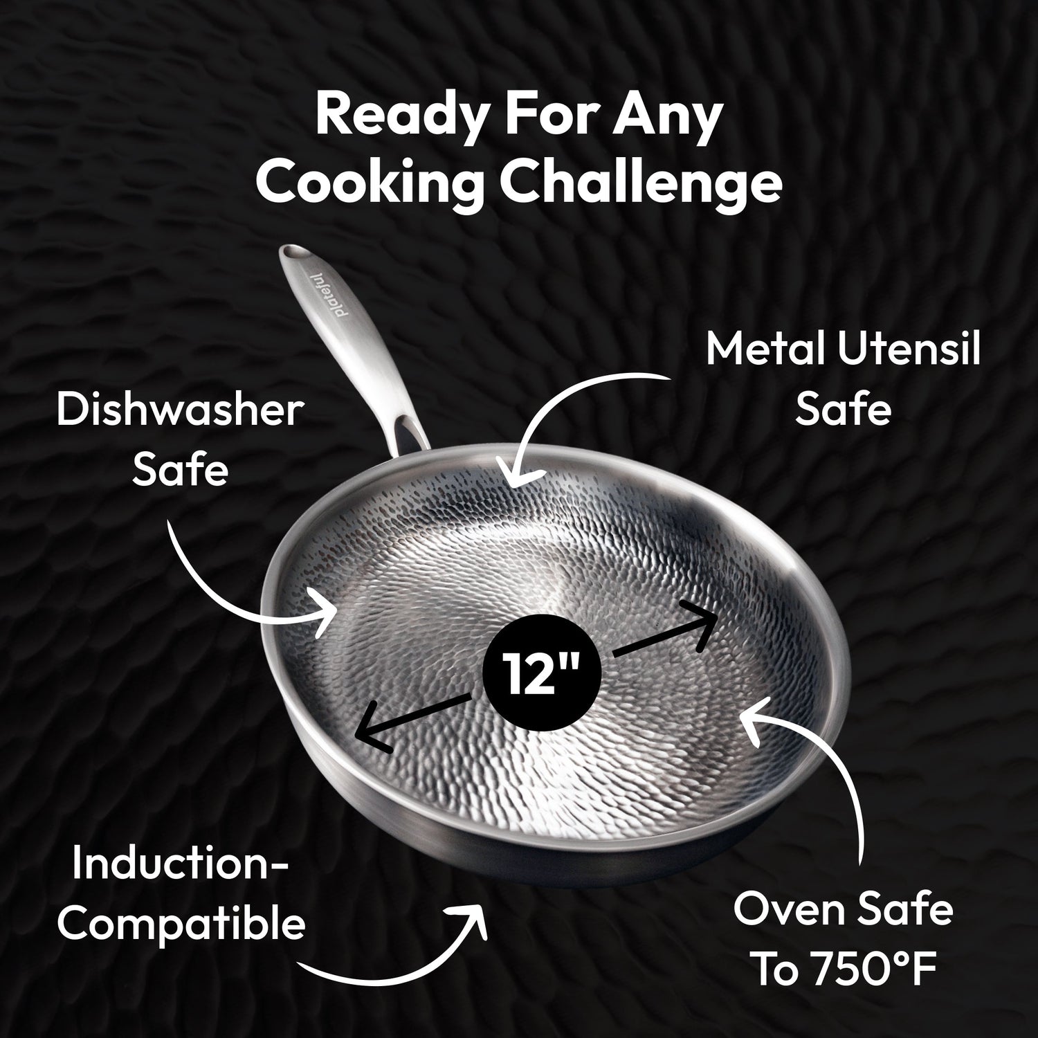 Metal frying pan with features highlighted on a black background