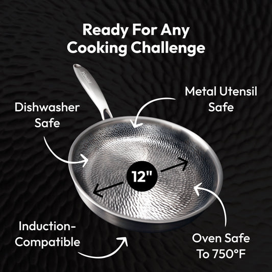 Stainless steel frying pan with textured surface on a white background