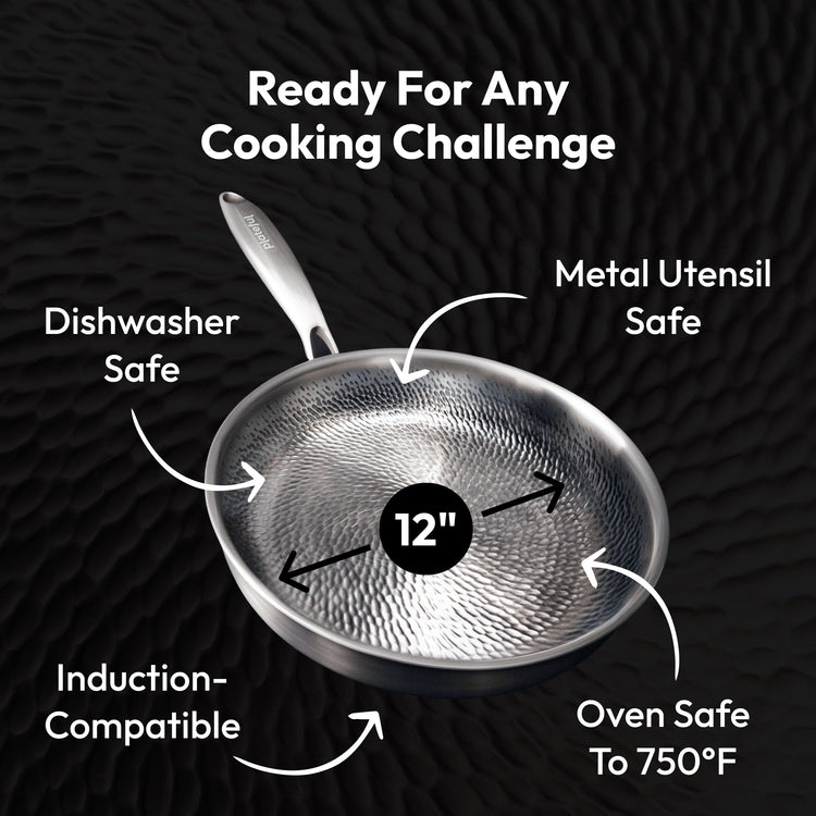 Metal frying pan with features highlighted on a black background