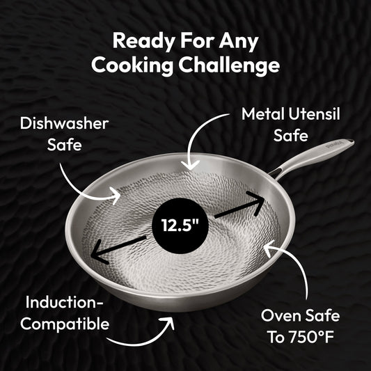 Stainless steel frying pan with textured surface on a white background