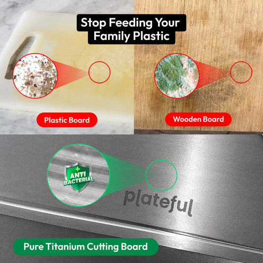 Gray cutting board with a handle on a white background