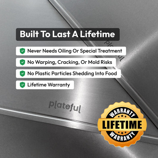 Gray cutting board with a handle on a white background