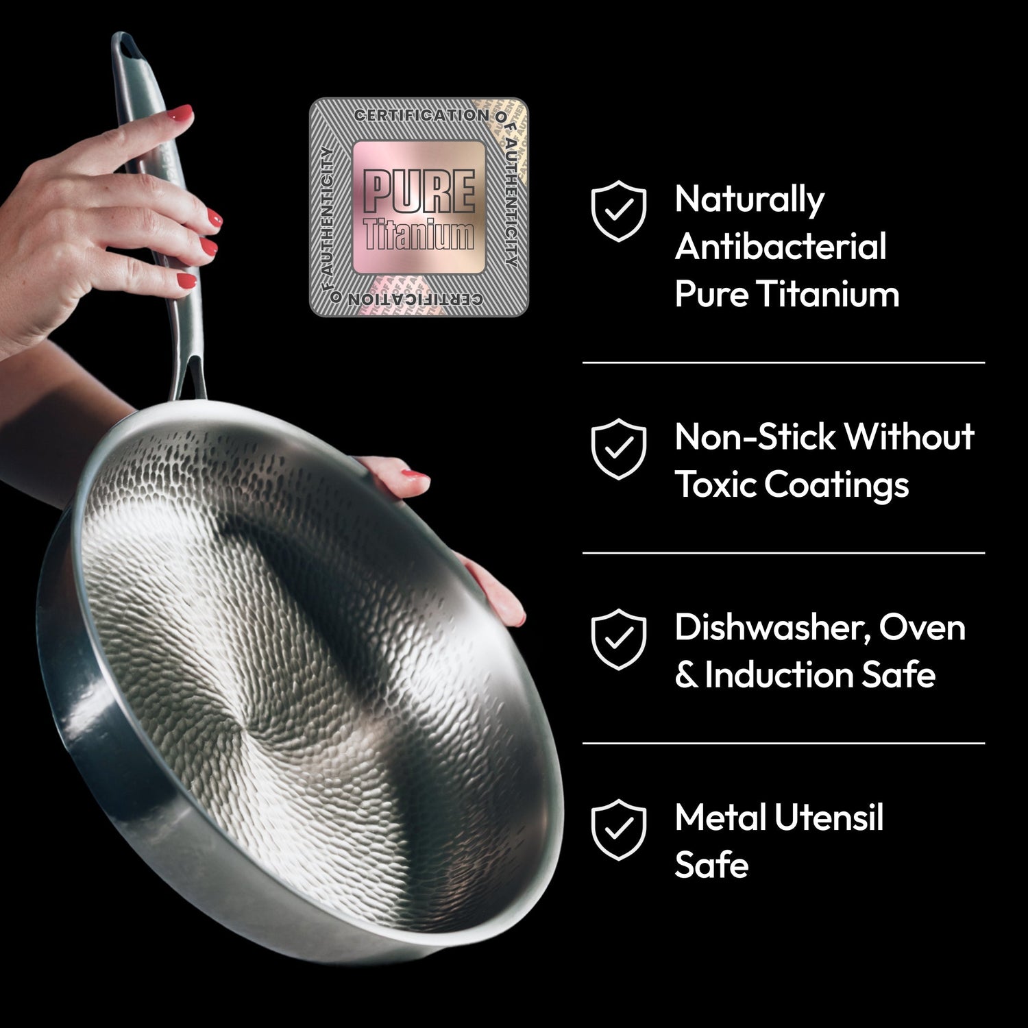 Pure Titanium frying pan held by a hand with product certification logo on a black background