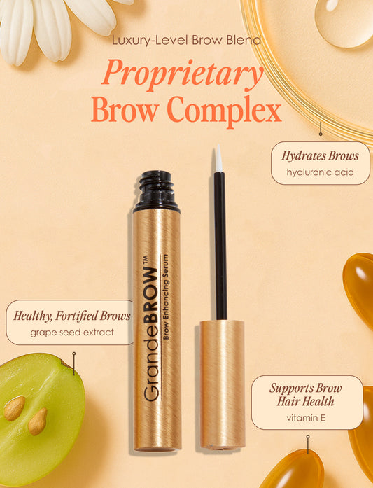 GrandeBrow brow enhancing serum with gold packaging and black applicator on a white background