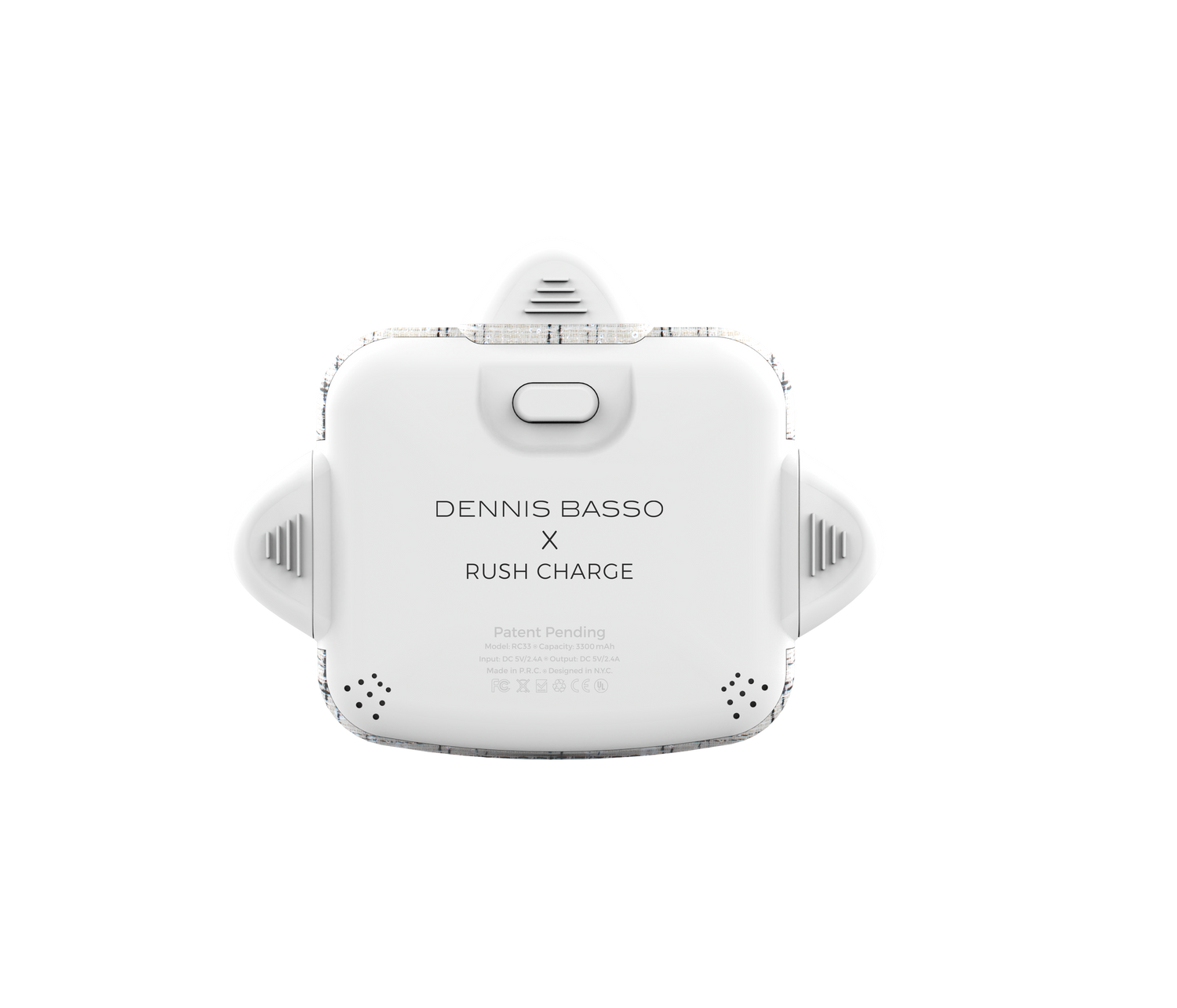White electronic device with 'Dennis Basso x Rush Charge' text on a white background