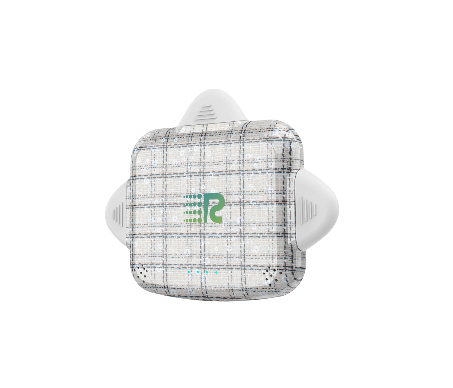 White earbud with plaid pattern and green logo on a white background