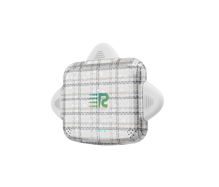 White earbud with plaid pattern and green logo on a white background