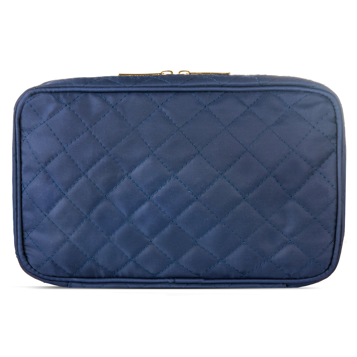 Blue quilted rectangular pouch on a white background