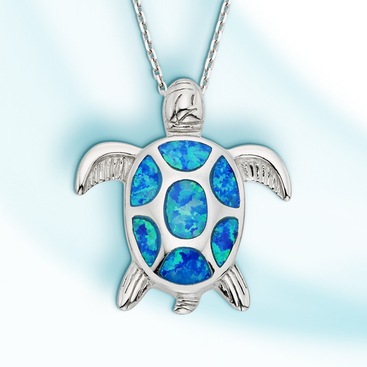 Sterling Silver Blue Inlay Opal Turtle Necklace