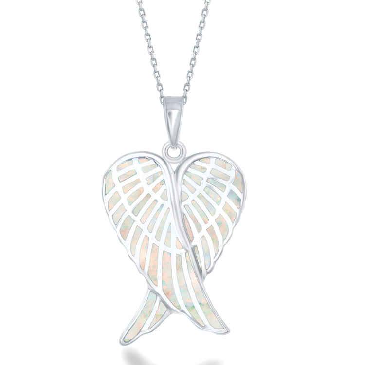 Sterling Silver White Inlay Opal Angel Wings Necklace