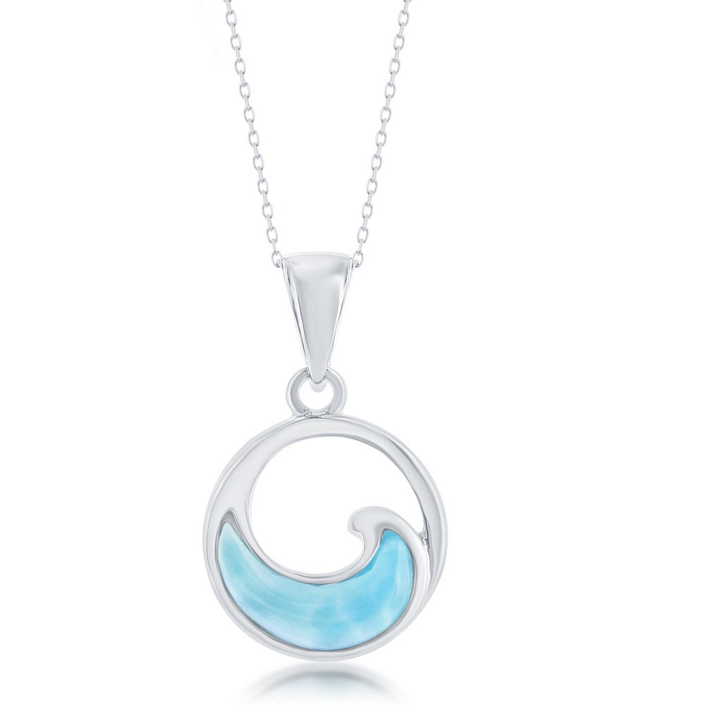 Silver pendant with a blue wave design on a white background
