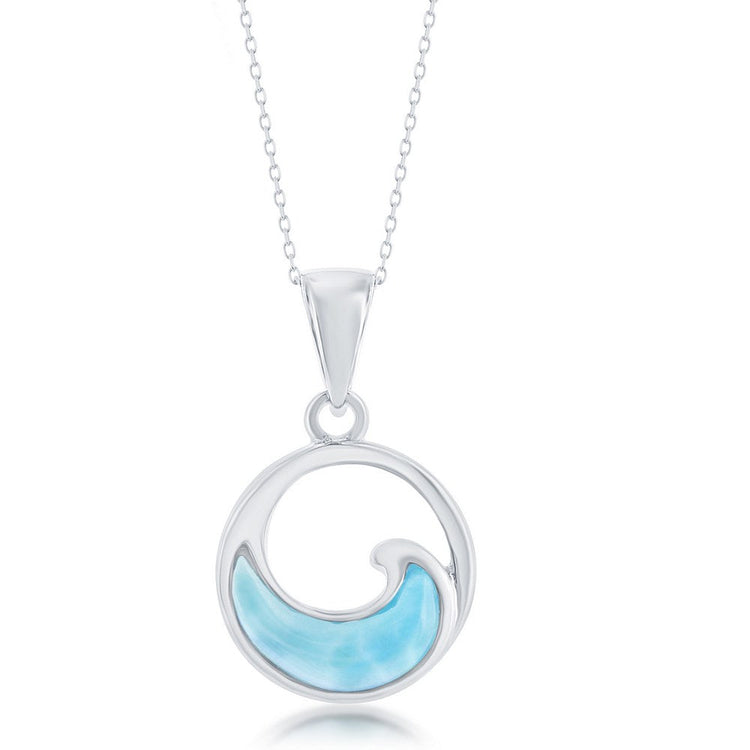 Silver pendant with a blue wave design on a white background