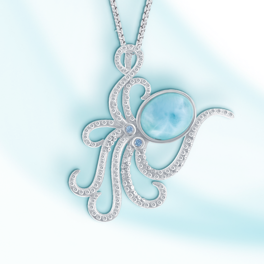 Sterling Silver, Octopus Larimar and Blue CZ Pendant