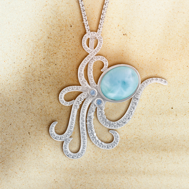 Sterling Silver, Octopus Larimar and Blue CZ Pendant