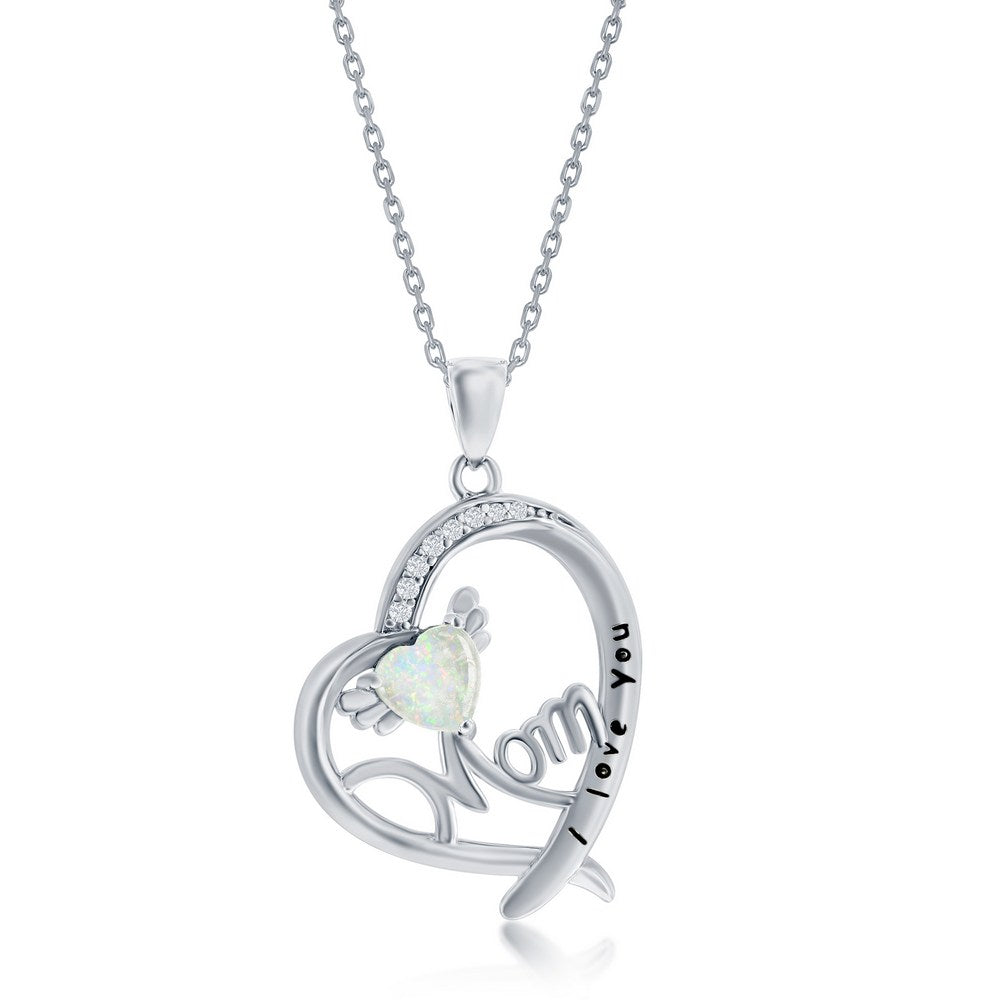 Silver necklace with a heart-shaped pendant featuring an opal stone and 'Mom I love you' engraving on a white background.