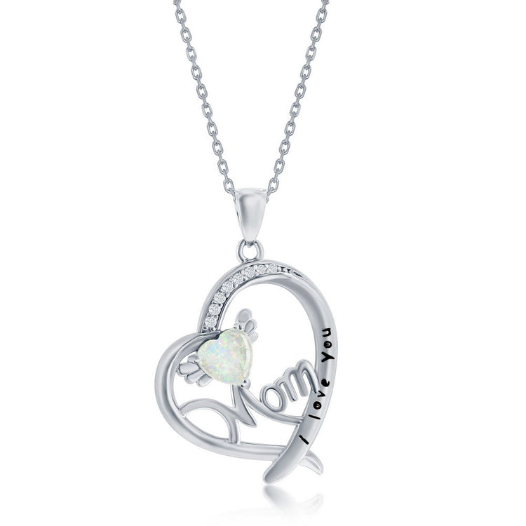 Silver necklace with a heart-shaped pendant featuring an opal stone and 'Mom I love you' engraving on a white background.