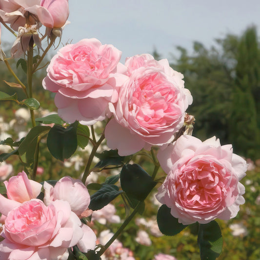 Collage of pink, purple, and orange roses with green leaves.