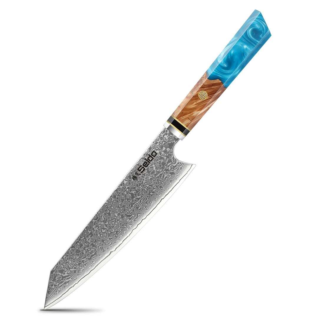 A Japanese-style chef's knife with a patterned Damascus steel blade and a handle featuring a blue resin inlay and a natural wood section, shown on a plain white background.