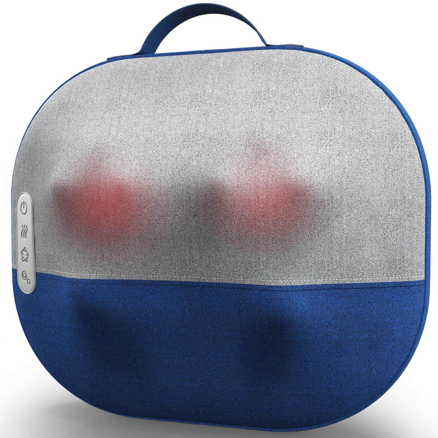 Blue and gray fabric case with a handle on a white background