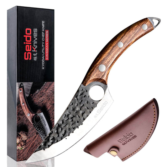 A Kyodai Utility Chef Knife and fresh mushrooms on a cutting board, ready for a delicious culinary adventure!