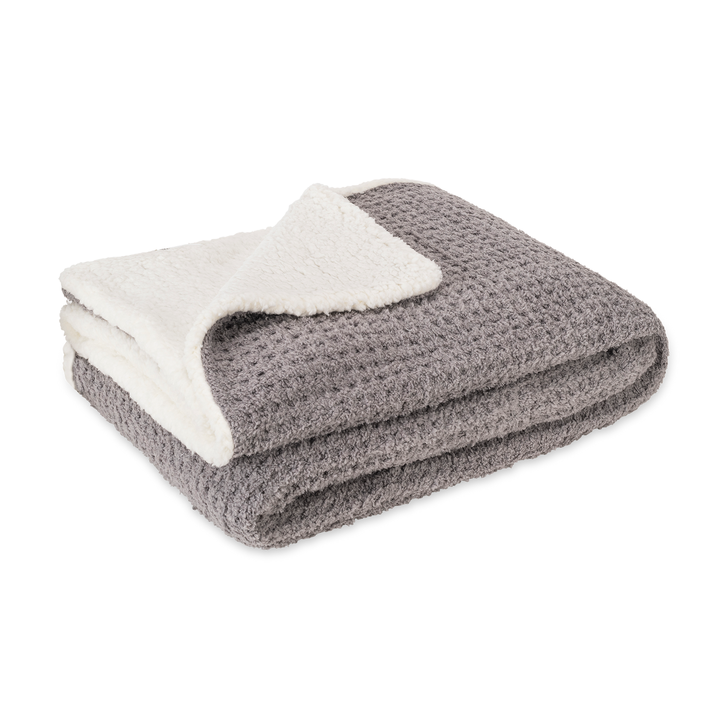 Gray and white blanket folded on a white background