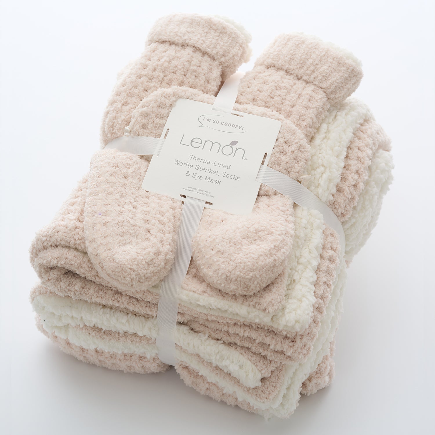 Stack of beige and white textured socks with a Lemon label on a white background