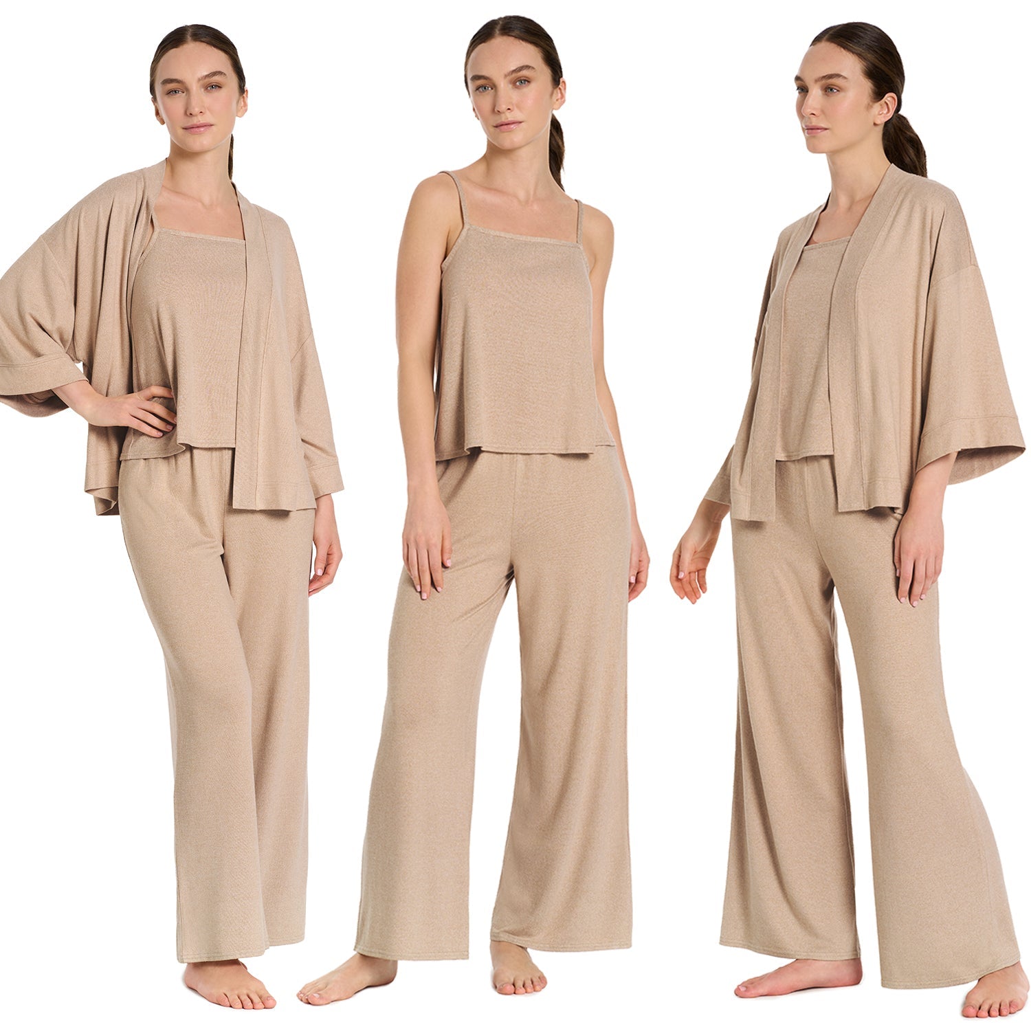 Woman wearing a beige loungewear set on a white background