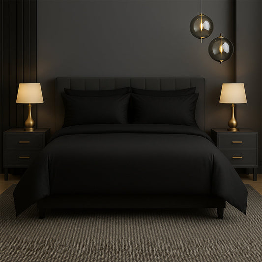 Neatly made bed with beige bedding in a bedroom setting.