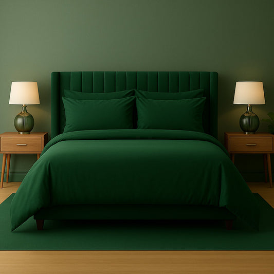 Dark-themed bedroom with black bedding, nightstands, and lamps.
