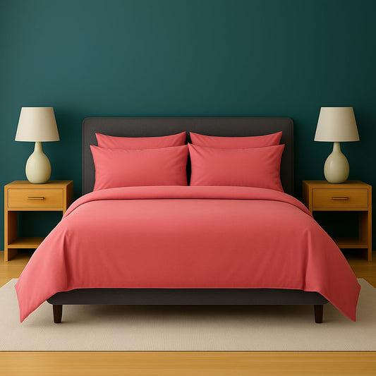 Dark-themed bedroom with black bedding, nightstands, and lamps.