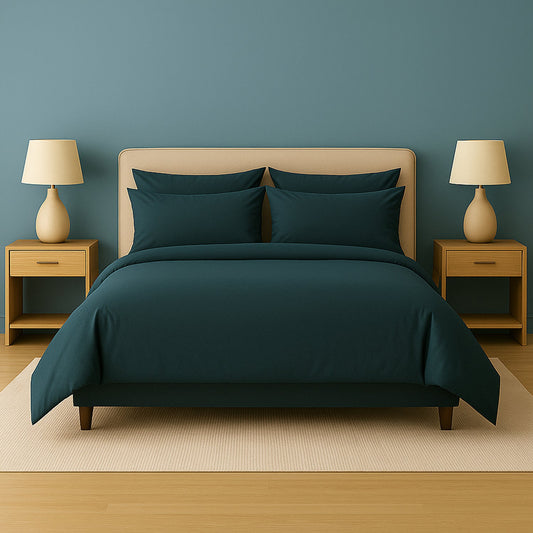 Neatly made bed with beige bedding in a bedroom setting.