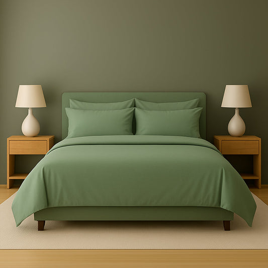 Dark-themed bedroom with black bedding, nightstands, and lamps.