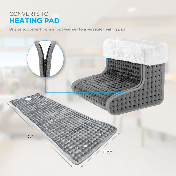 Gray heating pad with zipped section and measurements on a blurred background