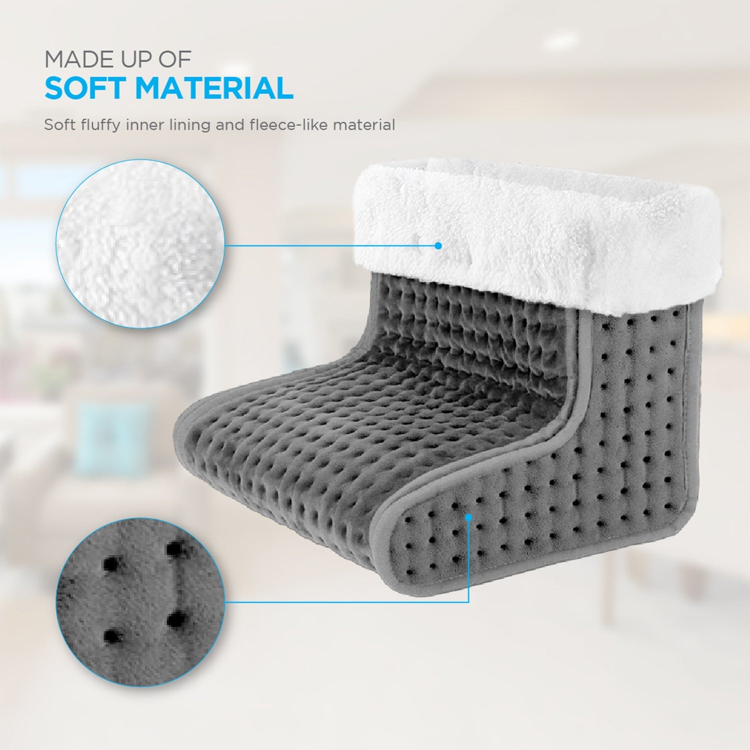 Gray pet bed with soft material features and close-up details on a blurred background
