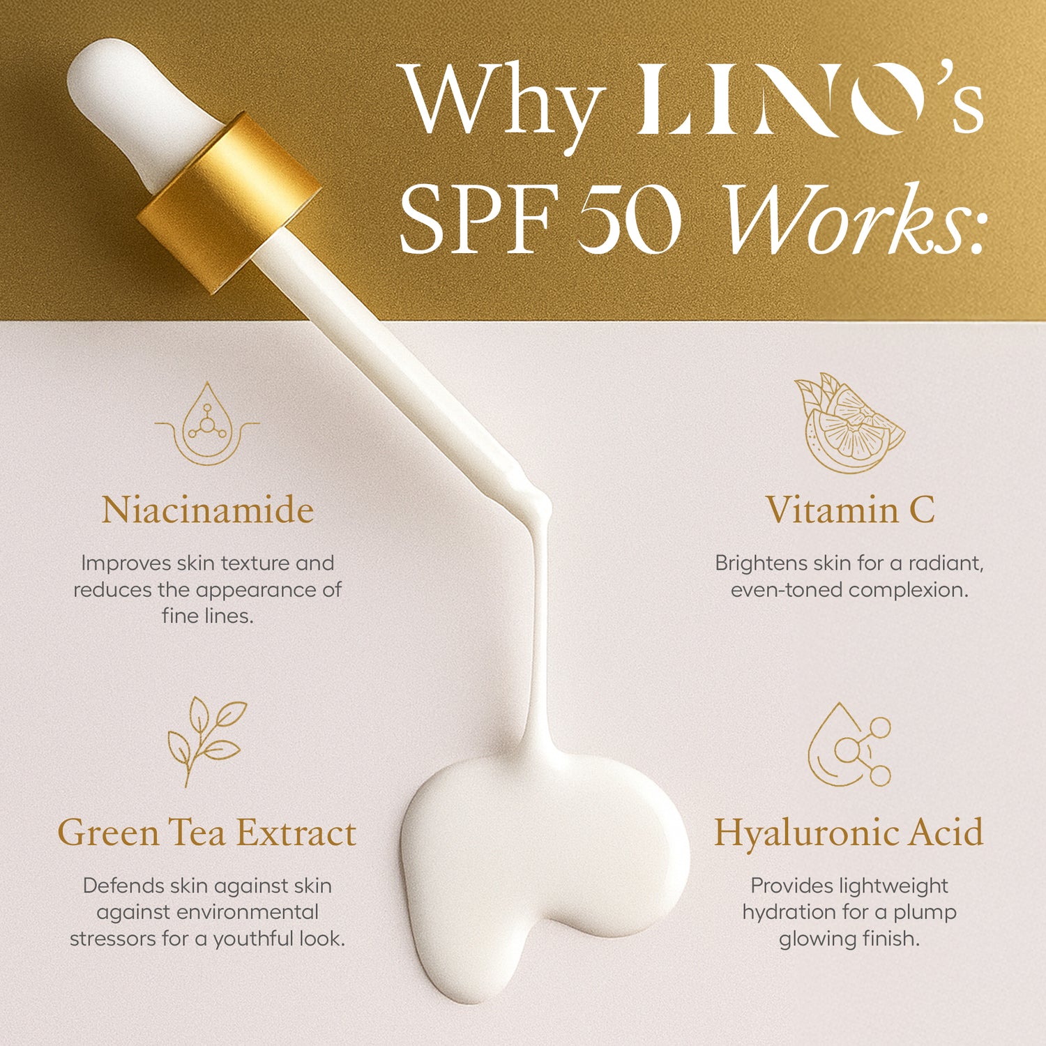 Lino skincare product with dropper and text explaining SPF 50 ingredients on a gold and white background