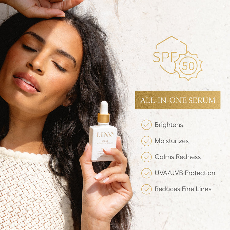 Woman holding a skincare serum bottle with product features listed on a light background