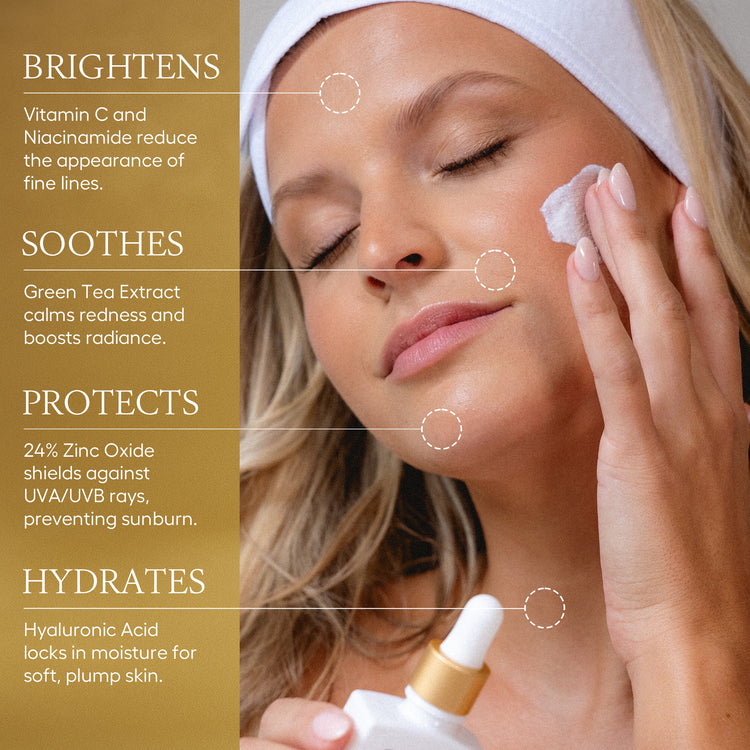 Woman applying cream to her face with skincare product and benefits listed on the left.