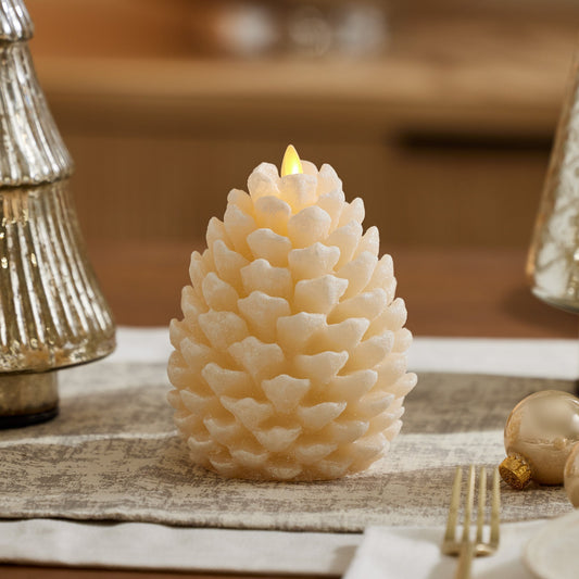 Luminara 4.7" x 6" Clear Glitter & Snow Unscented Moving Flame Pinecone Votive