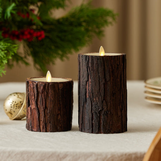 Luminara Indoor Set of (1) -  3"x 6.5" Recessed  Unscented Moving Flame Real Bark Pillar