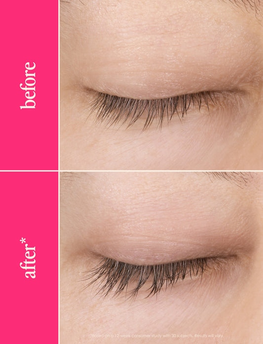 Three cosmetic products including a mascara, eyeliner, and hair serum on a white background