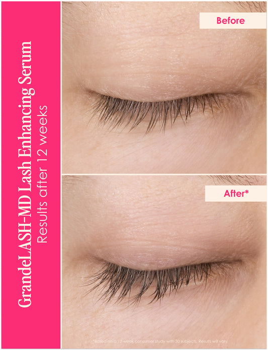 Set of GrandLashMD eyelash and brow products in a decorative box on a white background