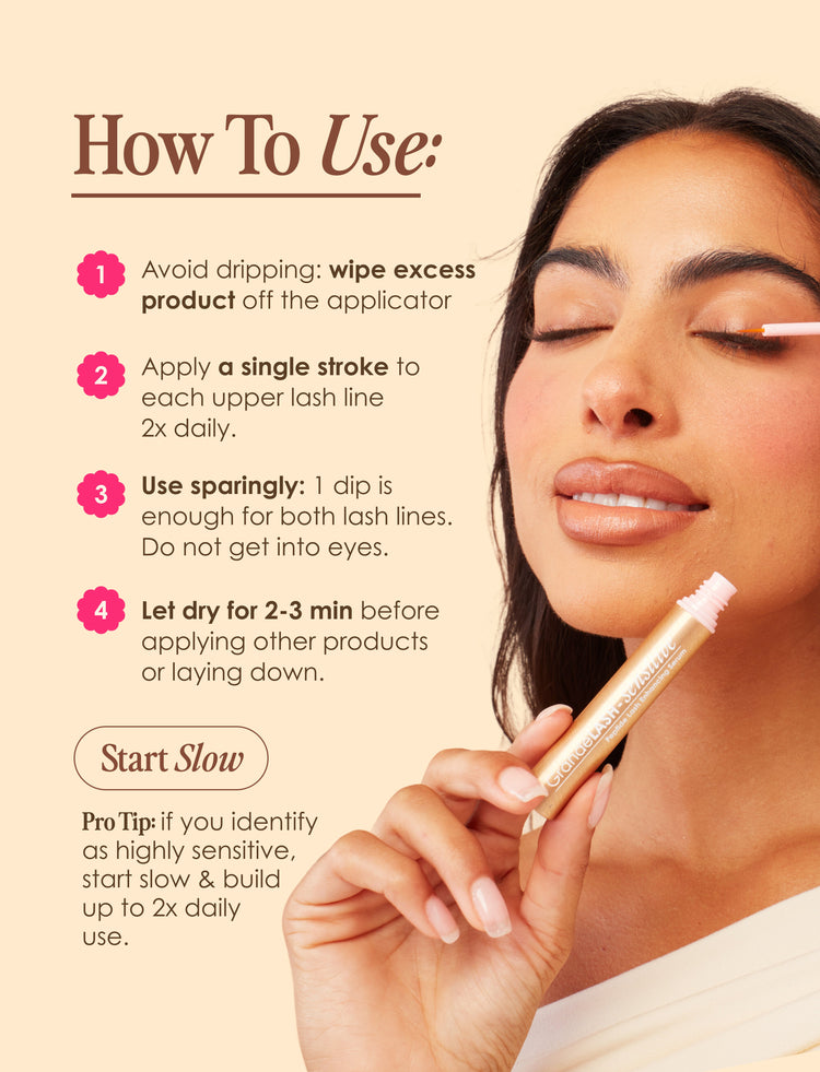 Woman applying eyelash product with text on how to use it