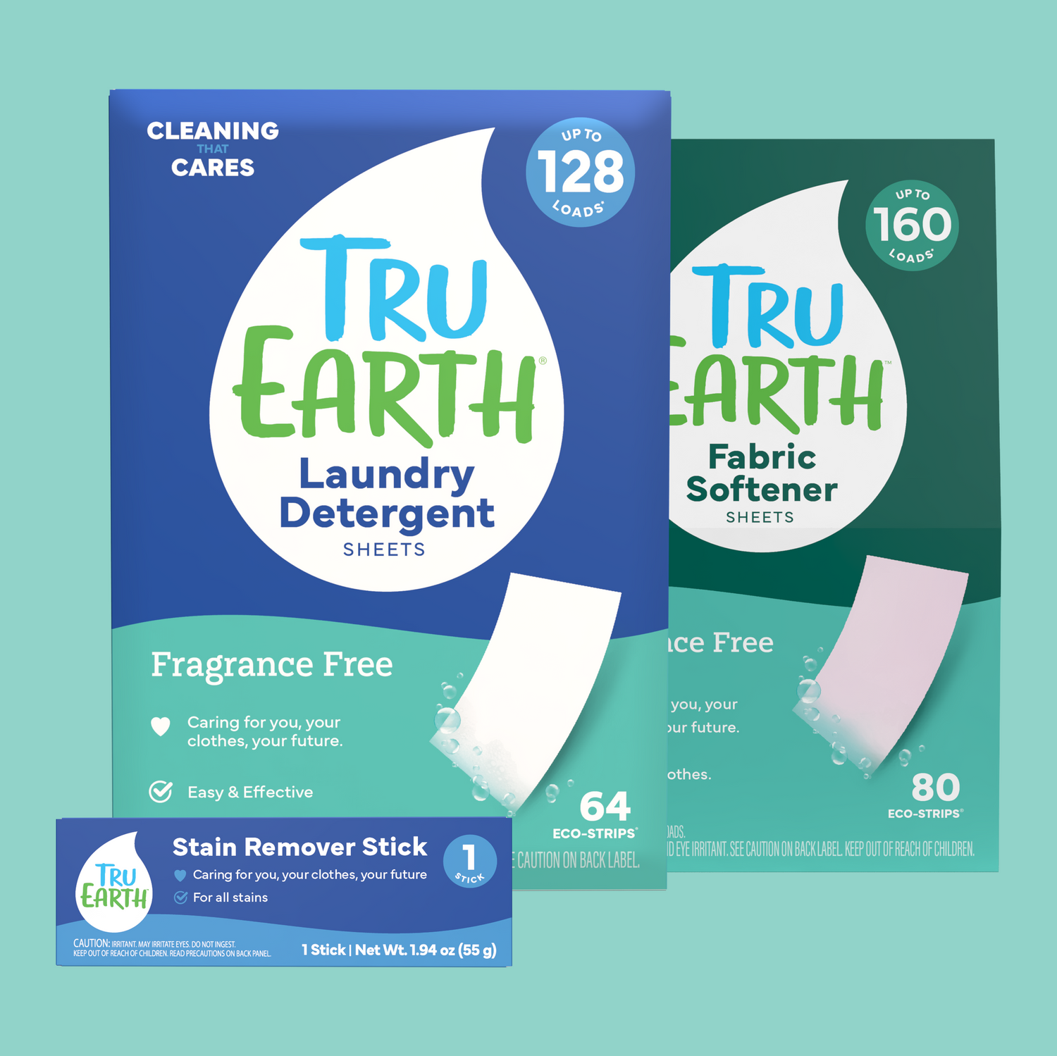 Tru Earth laundry detergent, fabric softener, and stain remover stick packaging on a teal background