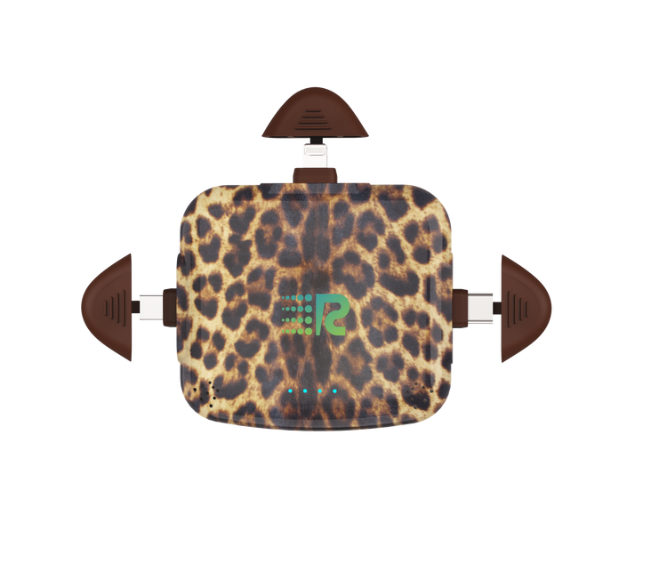 Leopard print electronic device with a brand logo on a white background