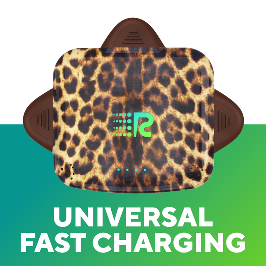 Leopard print charging pad with a brand logo on a green background, labeled 'Universal Fast Charging'.