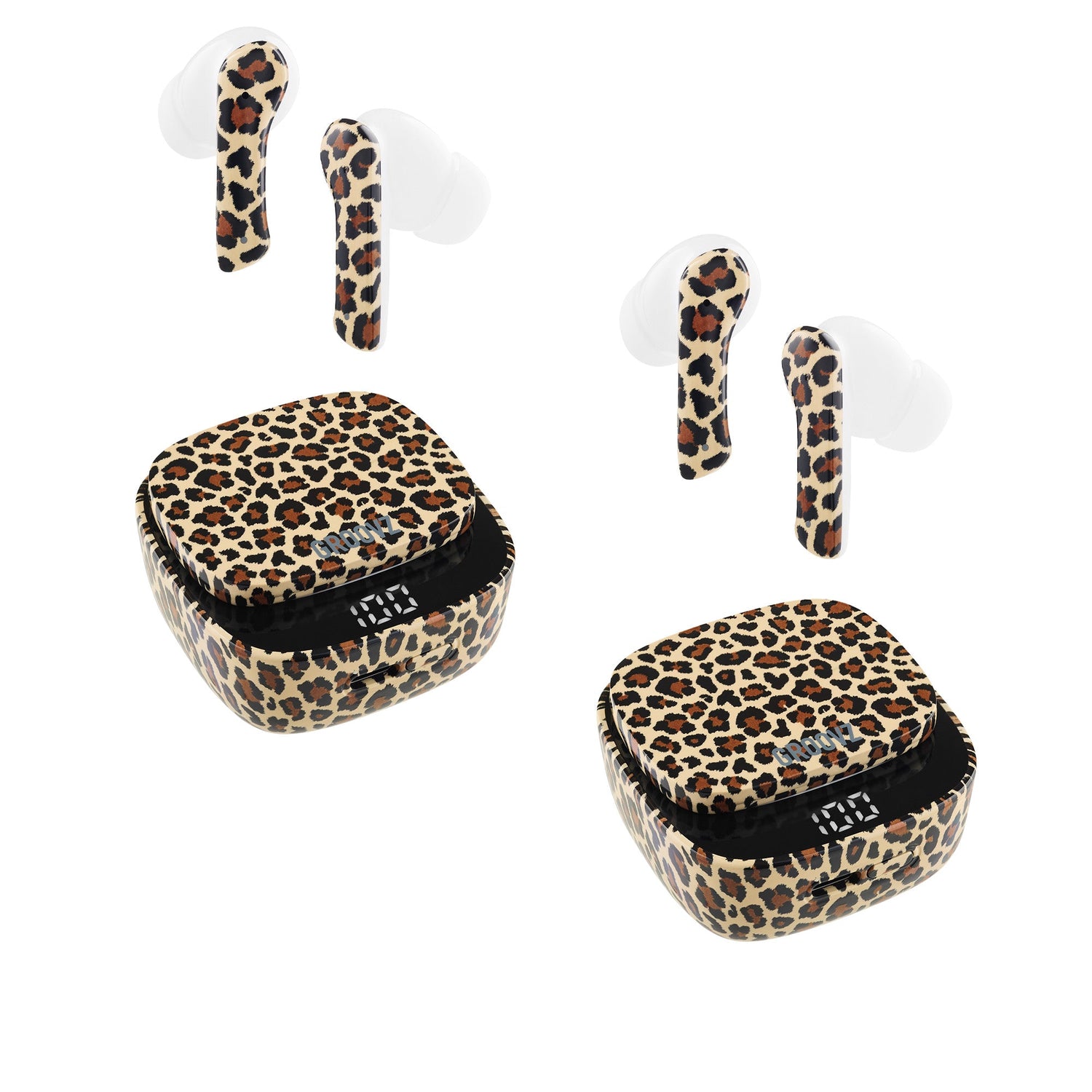 Leopard print wireless earbuds with matching charging case on a white background