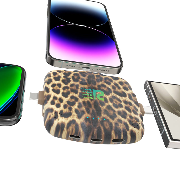 Leopard print power bank with smartphone and tablet on a white background