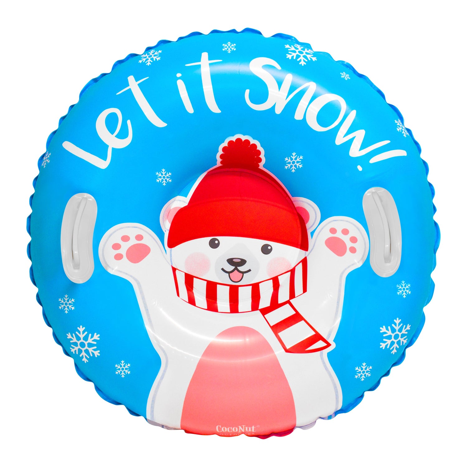 Inflatable polar bear with red hat and scarf on a blue background with 'Let it Snow!' text.