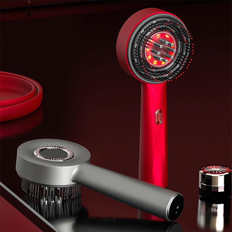 Red and gray handheld cleaning tool with interchangeable heads on a dark background