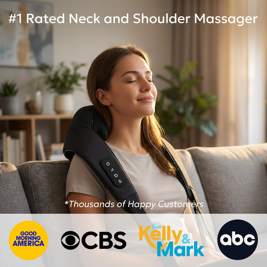 Black neck and shoulder massager with heating element on a white background